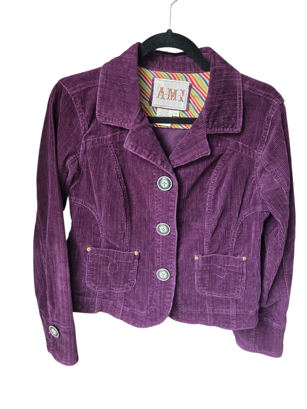 AMI Vintage Purple Corduroy Blazer Jacket Womens Small Stretch Fall Blazer